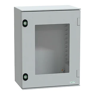 Schneider Electric NSYPLM43TG Duvara monte polyester muhafaza, PanelSeT PLM, camlı kapı, 430x330x200mm, IP66, IK08, RAL 7035