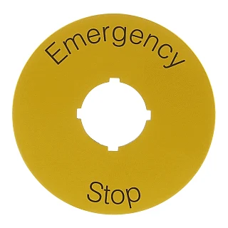 ABB SK615546-2 70 mm diameter legend plate for emergency stop. Black text on yellow aluminum with text: Emergency stop Acil Stop Butonu