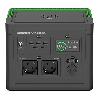 Schneider Electric PPS500-GR Schneider OffGrid Taşınabilir Güç İstasyonu 500, 230V, 517Wh Lityum-iyon, LCD, 2 CEE 7/3 Schuko çıkışı, Sinüs, 3 USB-A, 2 USB-C, Kablosuz Şarj Cih
