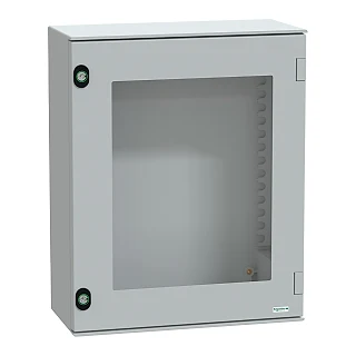 Schneider Electric NSYPLM54TG Duvara monte polyester muhafaza, PanelSeT PLM, camlı kapı, 530x430x200mm, IP66, IK08, RAL 7035