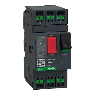 Schneider Electric GV2ME06A Motor koruma şalteri, TeSys Deca, 3P, AC‑3/AC‑3e, 1–1.6 A, termik-manyetik, snap-in terminalli
