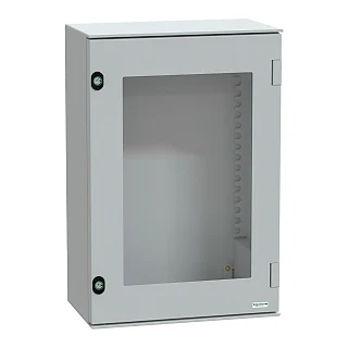 Schneider Electric NSYPLM64TG Duvara monte polyester muhafaza, PanelSeT PLM, camlı kapı, 647x436x250mm, IP66, IK08, RAL 7035
